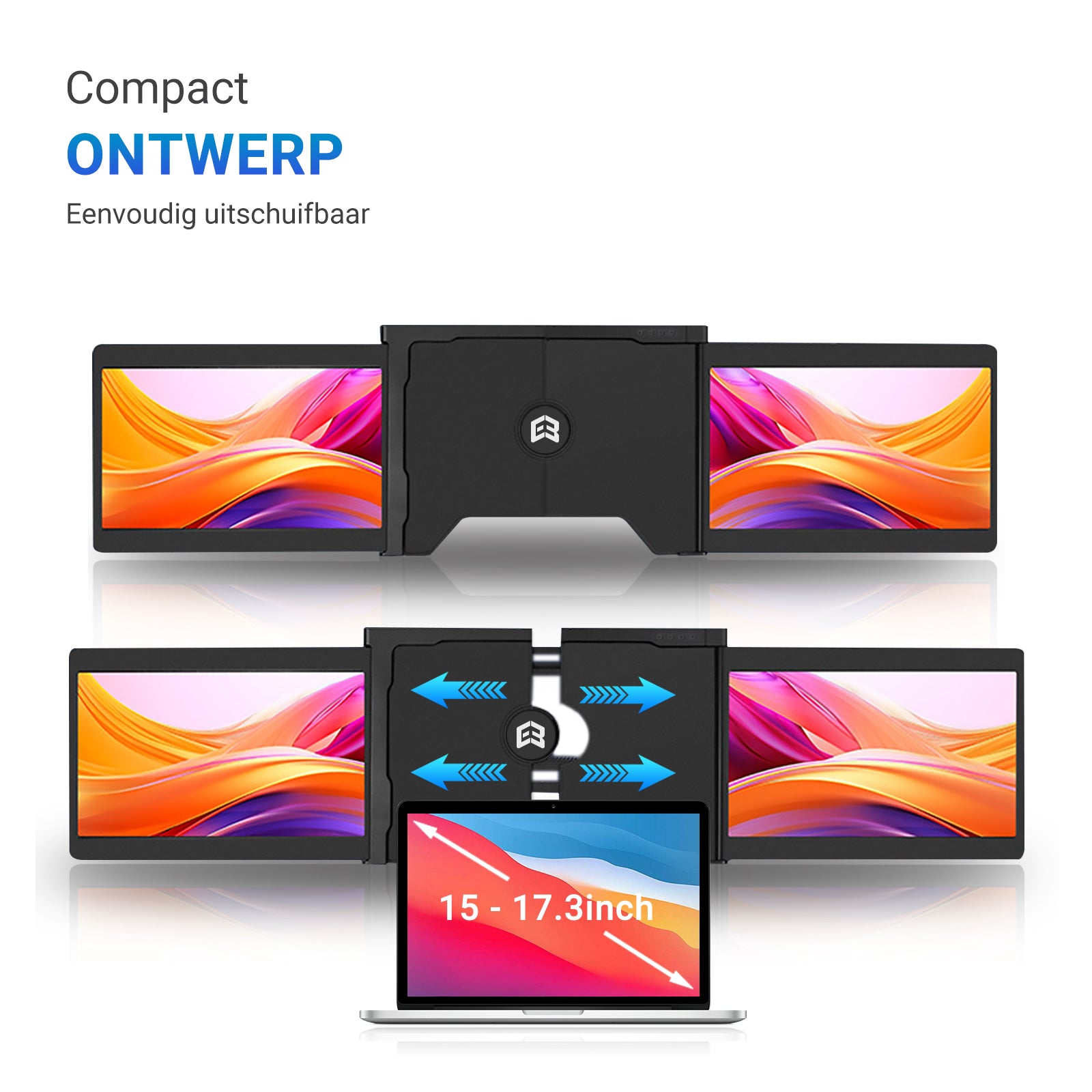 E3 Classic 14" Tri-Screen Monitor - Full HD 1080p, Plug & Play, Portable, Adjustable Stand, Mac/Windows Compatible, Two Cables - Black