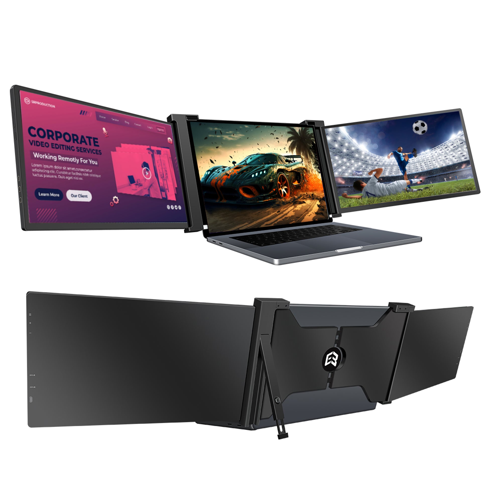 E3 Advance 12" Tri-Screen Monitor - Full HD 1080p, Plug & Play, Portable, Adjustable Stand, Mac & Windows Compatible, One Cable - Grey
