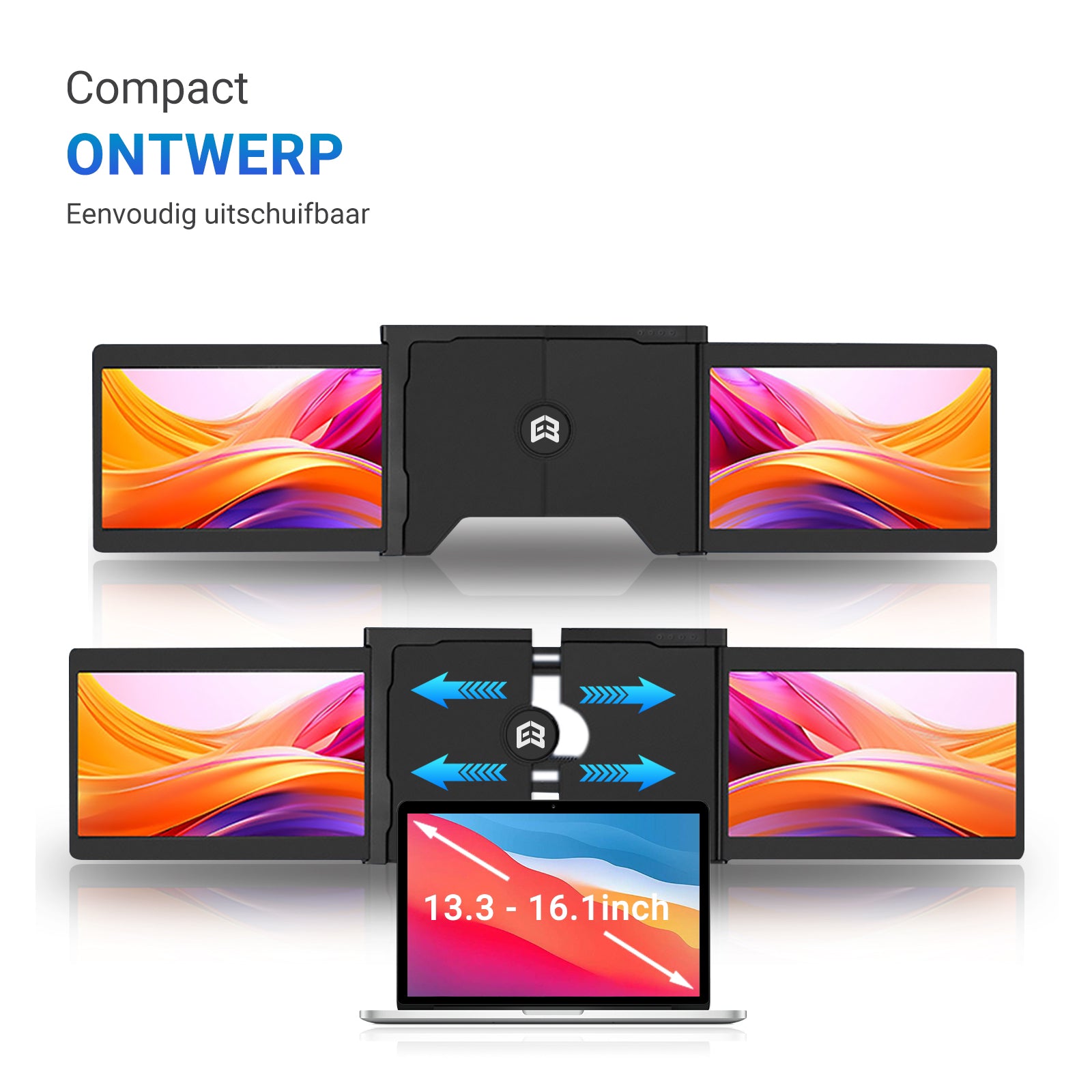 E3 Advance 12" Tri-Screen Monitor - Full HD 1080p, Plug & Play, Portable, Adjustable Stand, Mac/Windows Compatible, Two Cables - Black