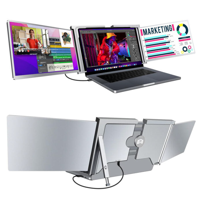 E3 Pro Ultra 15 Tri-Screen Monitor - Full HD 1080p, Plug & Play, Portable, Adjustable Stand, Mac/Windows Compatible, One Cable - Grey