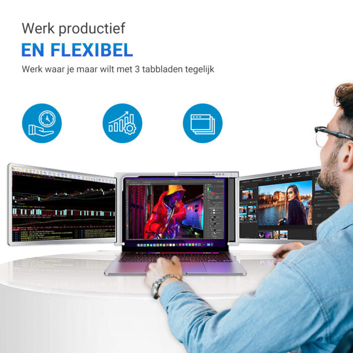 E3 Advance 12" Tri-Screen Monitor - Full HD 1080p, Plug & Play, Portable, Adjustable Stand, Mac & Windows Compatible, One Cable - Grey