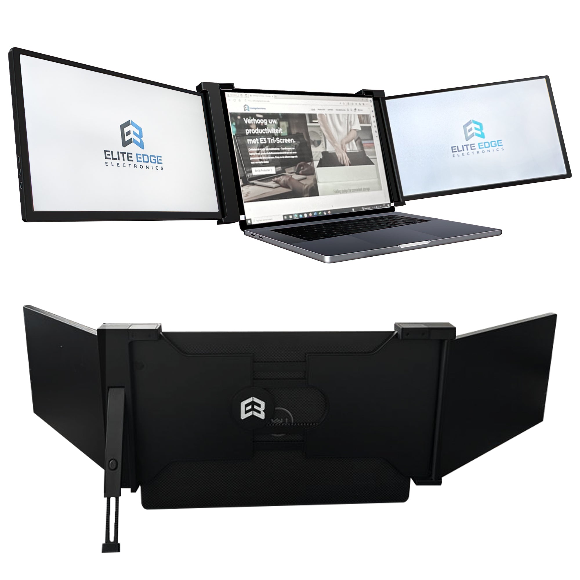 E3 Pro Ultra 15.6" Tri-Screen Monitor - Full HD 1080p, Plug & Play, Portable, Adjustable Stand, Mac/Windows Compatible, Two Cables - Black