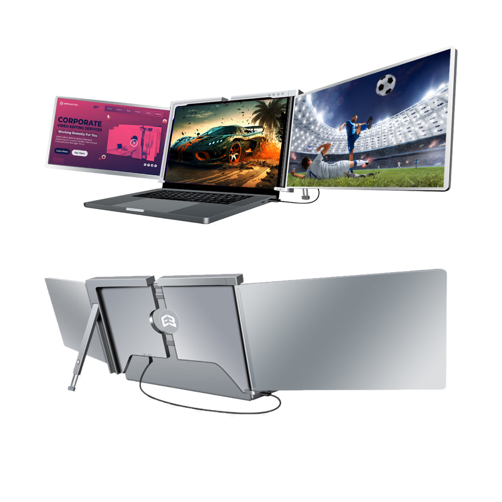 E3 Classic 13.3" Tri-Screen Monitor - Full HD 1080p, Plug & Play, Portable, Adjustable Stand, Mac/Windows Compatible, One Cable - Grey